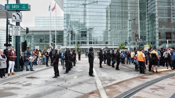 A Police Wall Between Anti-Trump Supporters and Trump Supports