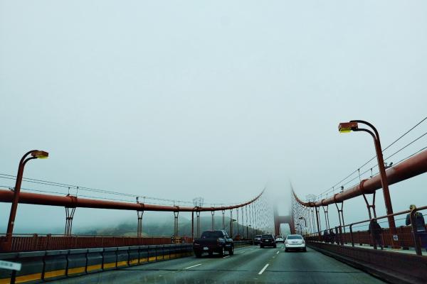 Driving Over a Fog Covered Golden Gate Bridge